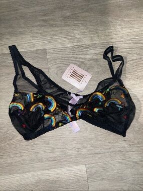 Savage X Fenty Black Sheer Bralette with Rainbow Embroidery- pride
